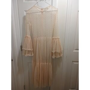 Lace & Beads Blush Swiss Dot Tulle Tiered Sleeve Sheer Maxi Dress Size S